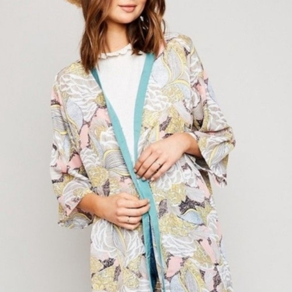 Hayden Pink, Blue, & Tan Kimono with Fringe Tassels - Picture 2 of 9